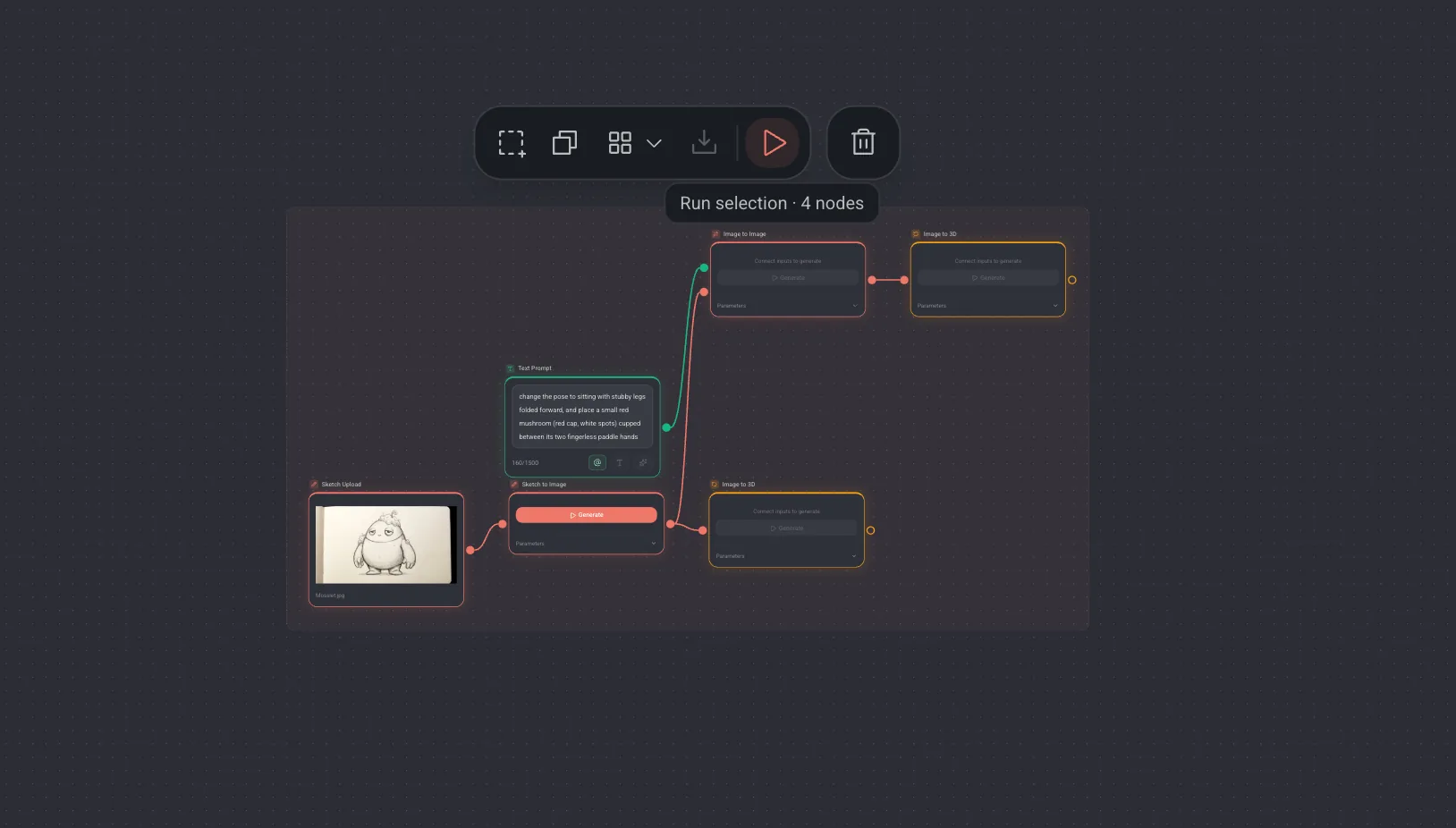 A wide canvas with several nodes selected and running at once, the Run button counting the batch.